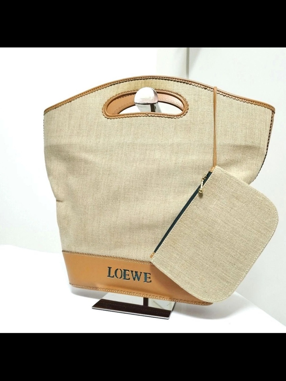 Loewe Natural Canvas Tote with Tan Leather Trim and Pouch